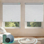 Motorized roller shades with Matter motor in blackout jacquard white, offering smooth operation, precise light control, and smart home integration.