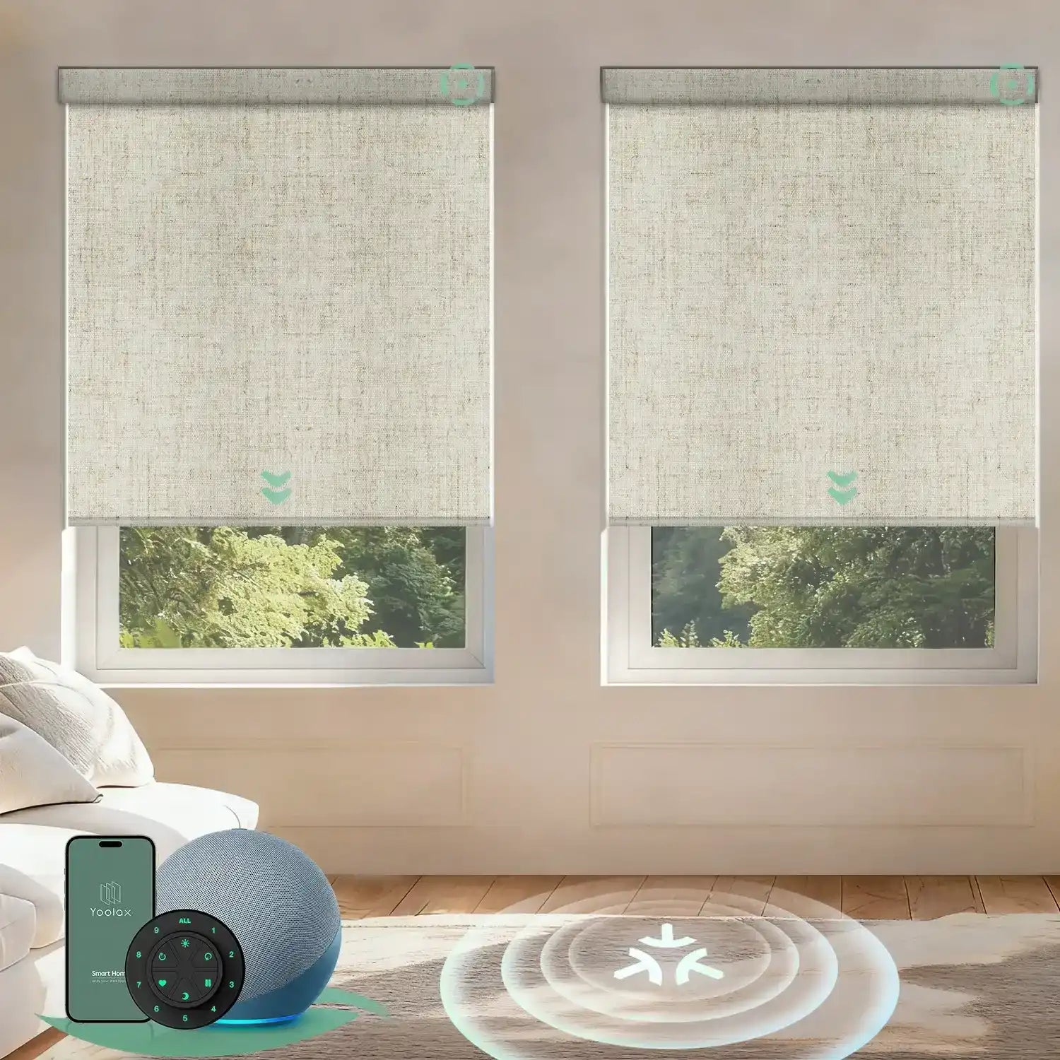 Motorized roller shades with Matter motor in blackout linen beige, offering smooth operation, precise light control, and smart home integration.