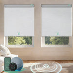 Motorized roller shades with Matter motor in blackout meteor-white, offering smooth operation, precise light control, and smart home integration.