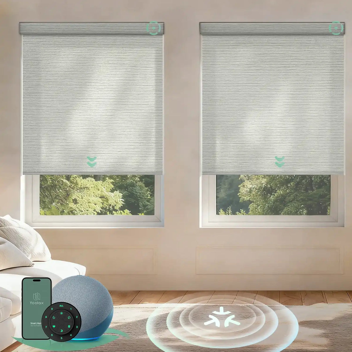 Motorized roller shades with Matter motor in light filtering horizontal beige, offering smooth operation, precise light control, and smart home integration.