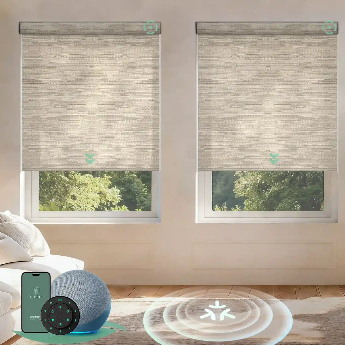 Motorized roller shades with Matter motor in light filtering jacquard coffee, offering smooth operation, precise light control, and smart home integration.
