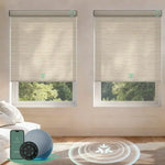 Motorized roller shades with Matter motor in light filtering jacquard coffee, offering smooth operation, precise light control, and smart home integration.
