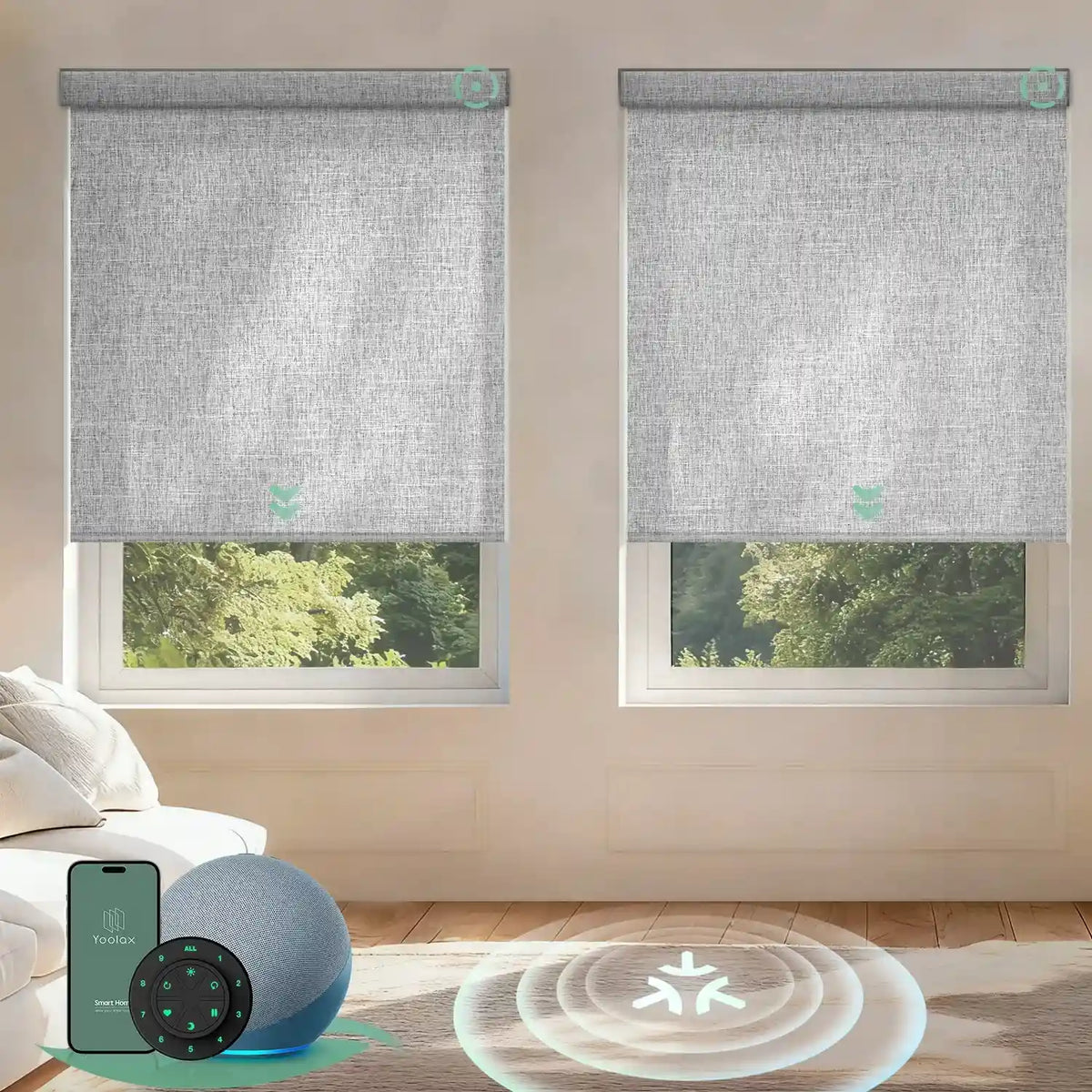 Motorized roller shades with Matter motor in light filtering light gray offering smooth operation, precise light control, and smart home integration.