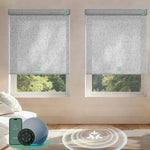 Motorized roller shades with Matter motor in light filtering light gray offering smooth operation, precise light control, and smart home integration.