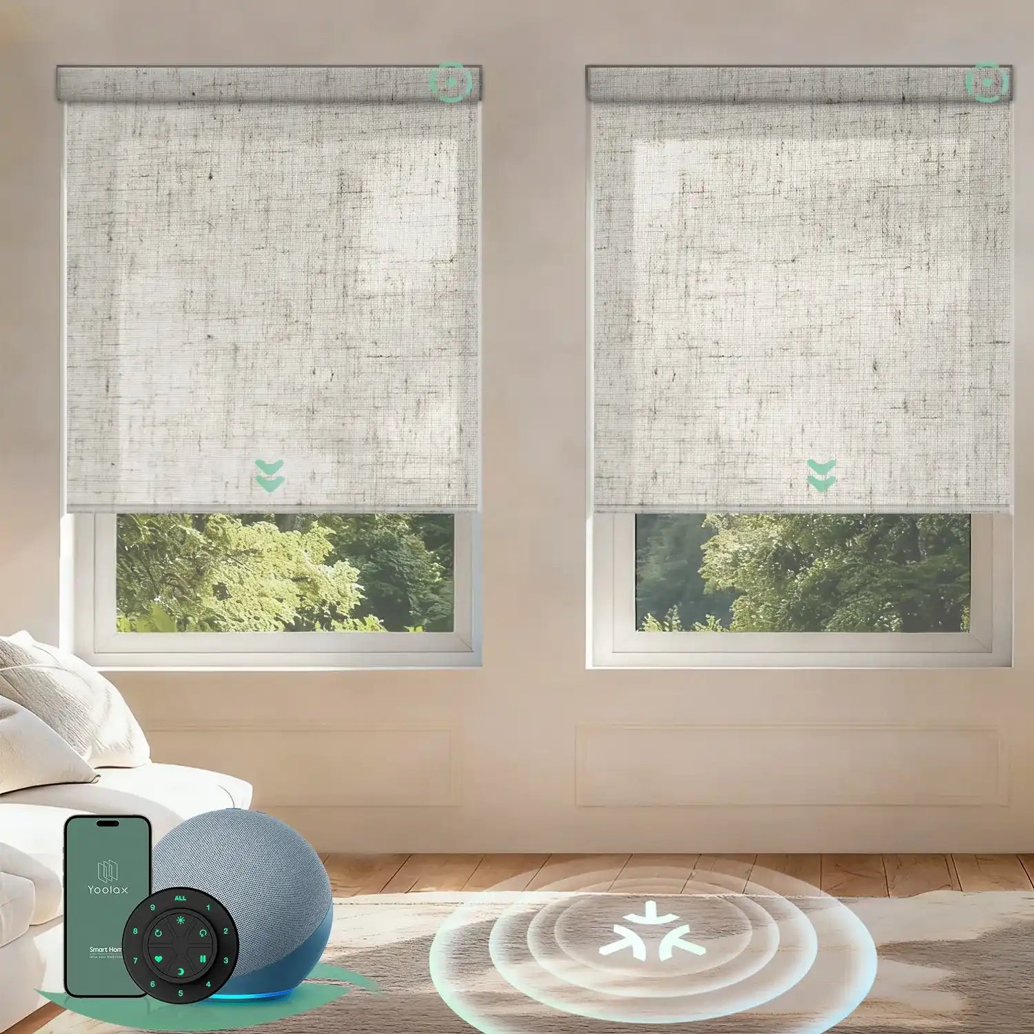 Motorized roller shades with Matter motor in light filtering linen beige, offering smooth operation, precise light control, and smart home integration.