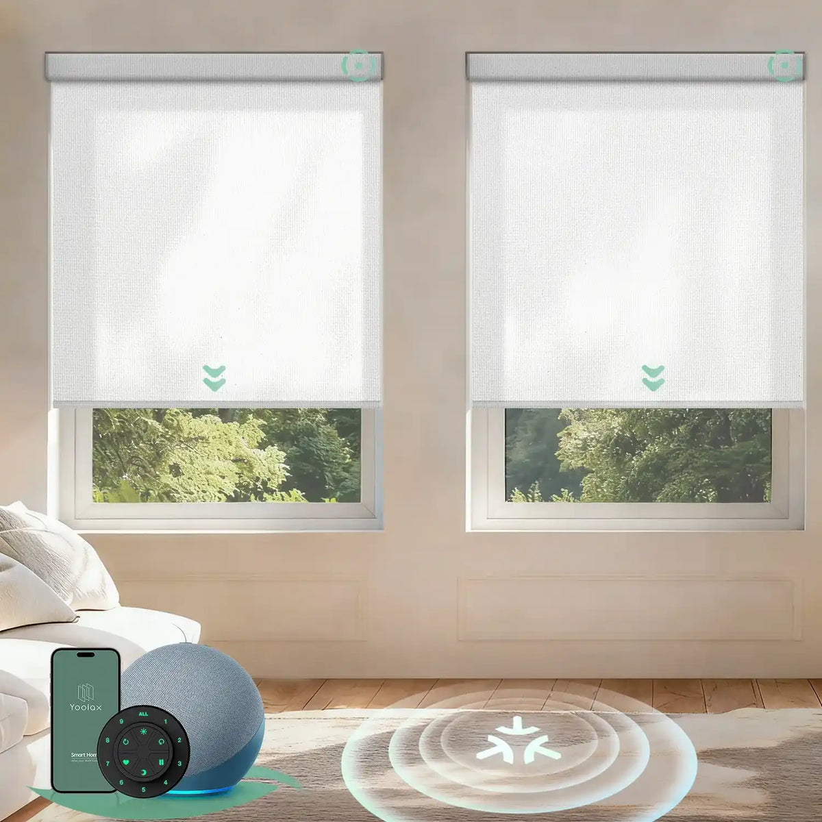 Motorized roller shades with Matter motor in light filtering pure white, offering smooth operation, precise light control, and smart home integration.