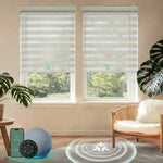 Motorized zebra blinds with Matter motor and HomeKit support, jungle linen fabric for soft light control and modern interiors.