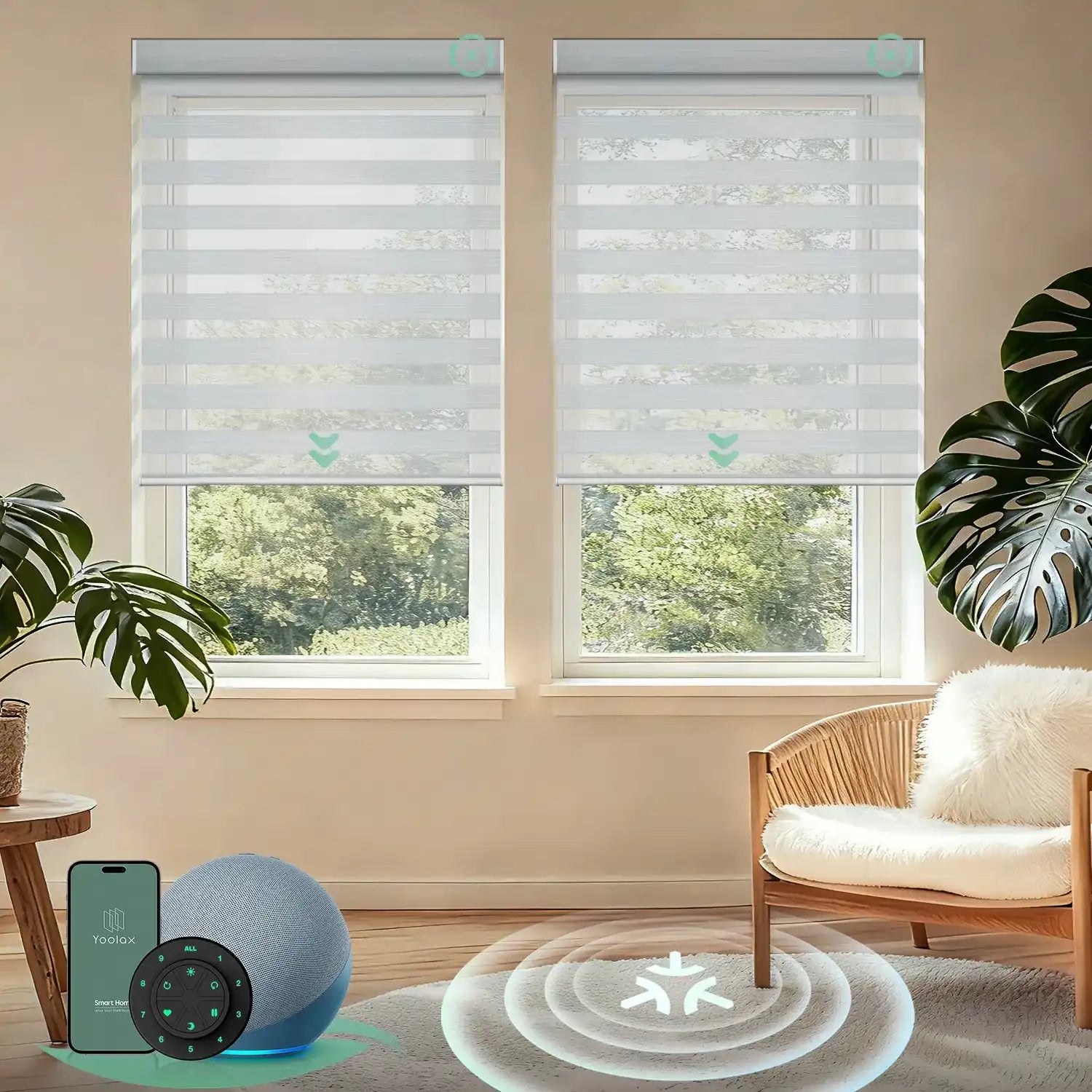 Motorized zebra blinds with Matter motor and HomeKit support, layered white fabric for soft light control and modern interiors.