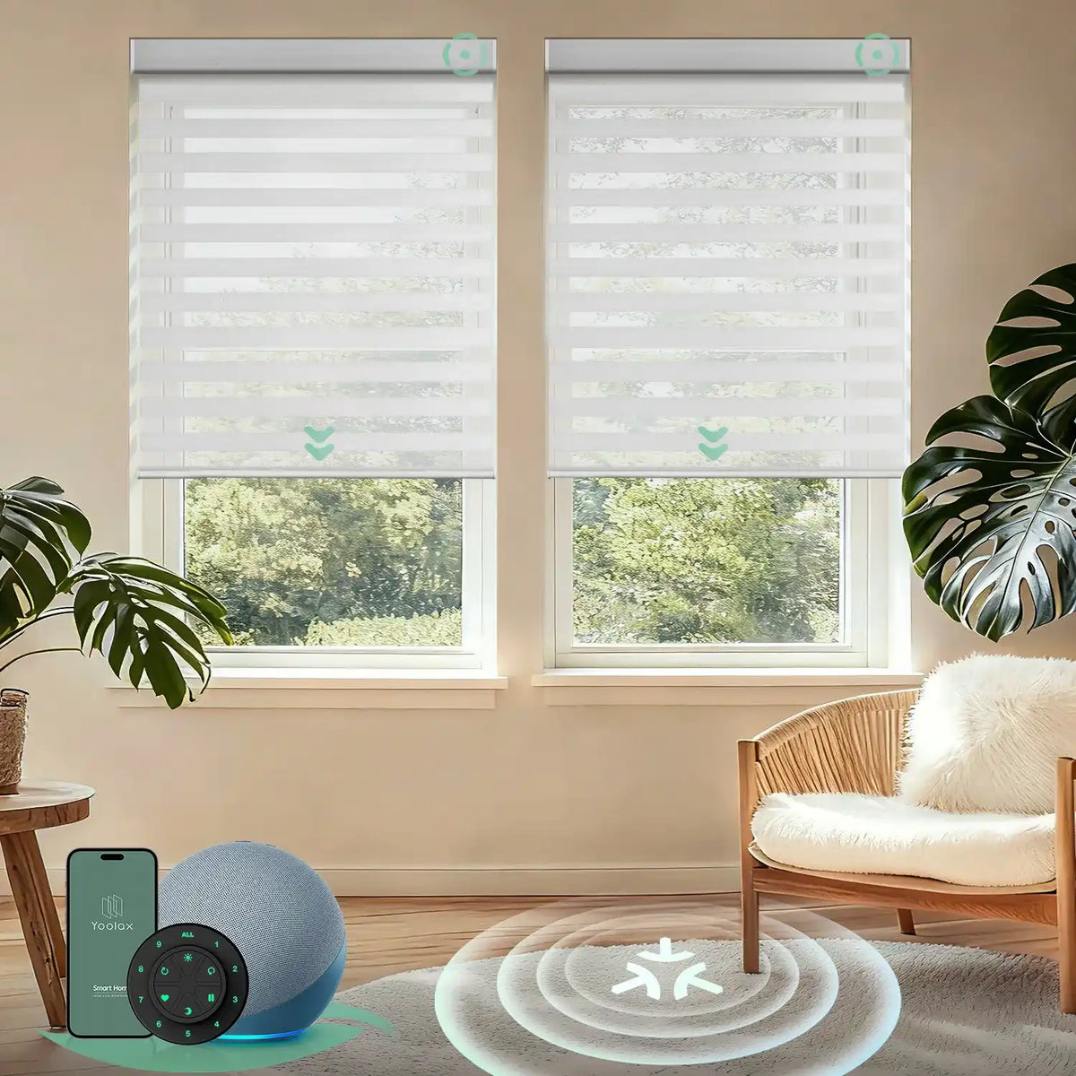 Motorized zebra blinds with Matter motor and HomeKit support, narrow white fabric for soft light control and modern interiors.