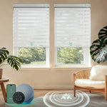 Motorized zebra blinds with Matter motor and HomeKit support, narrow white fabric for soft light control and modern interiors.
