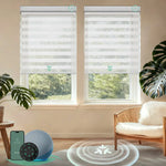 Motorized zebra blinds with Matter motor and HomeKit support, white fabric for soft light control and modern interiors.