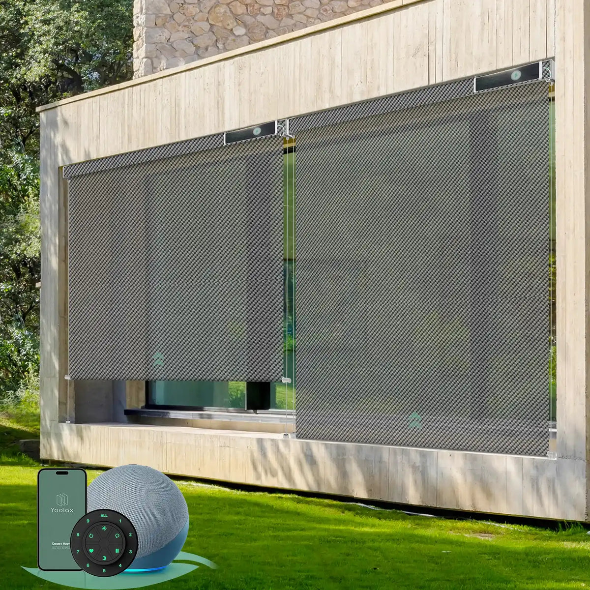Motorized outdoor roller shades with 1% Openness Dark Grey fabric,  suited for porches, patios, or decks