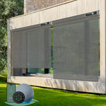 Motorized outdoor roller shades with 1% Openness Dark Grey fabric,  suited for porches, patios, or decks