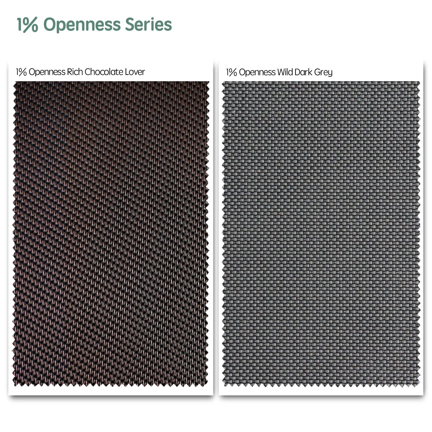 1% openness motorized outdoor roller shades fabric samples — Rich Chocolate Lover, Wild Dark Grey.