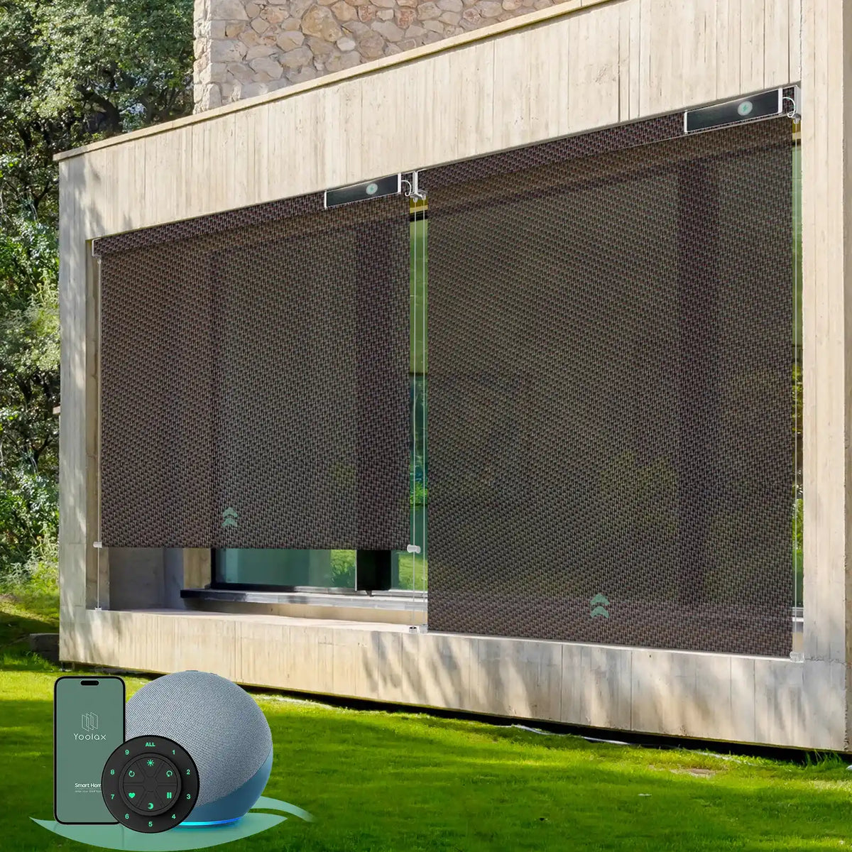 Motorized outdoor roller shades with 1% Openness Rich Chocolate Lover fabric,  suited for porches, patios, or decks
