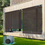 Motorized outdoor roller shades with 1% Openness Rich Chocolate Lover fabric,  suited for porches, patios, or decks