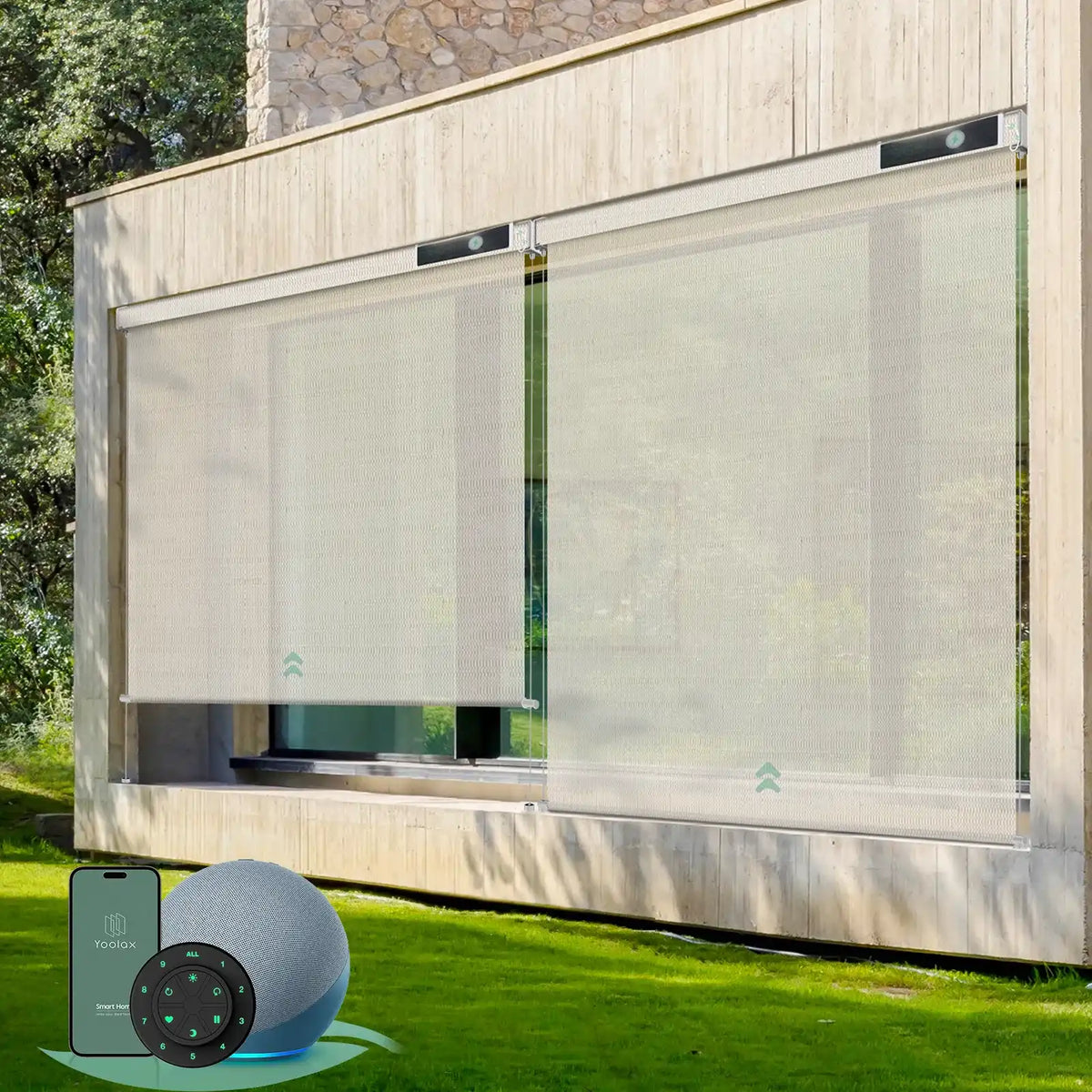 Motorized outdoor roller shades with 10% Openness White Pebble Path fabric, suited for porches, patios, or decks