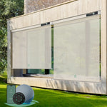 Motorized outdoor roller shades with 10% Openness White Pebble Path fabric, suited for porches, patios, or decks