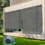 Motorized outdoor roller shades with 3% Openness Geometric Black fabric, suited for porches, patios, or decks