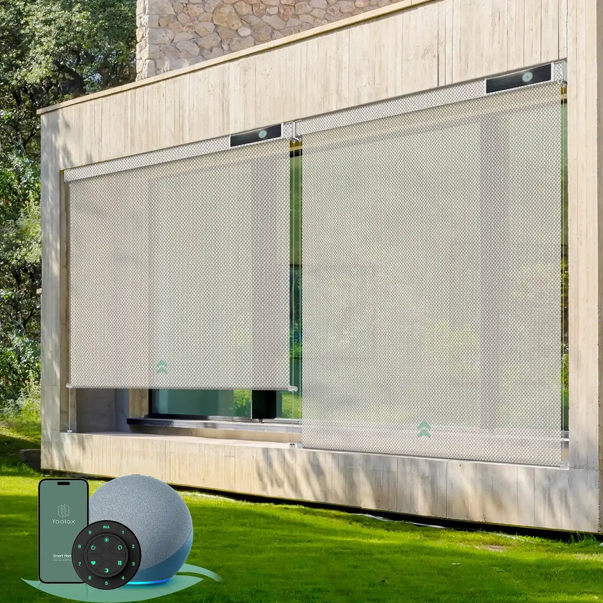 Motorized outdoor roller shades with 3% Openness Beige fabric,  suited for porches, patios, or decks