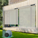 Motorized outdoor roller shades with 3% Openness Beige fabric,  suited for porches, patios, or decks
