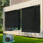 Motorized outdoor roller shades with 3% Openness Black fabric, suited for porches, patios, or decks