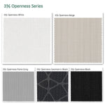 3% openness motorized outdoor roller shades fabric samples — White, Beige, Paine Grey, Geometric Black, Black.