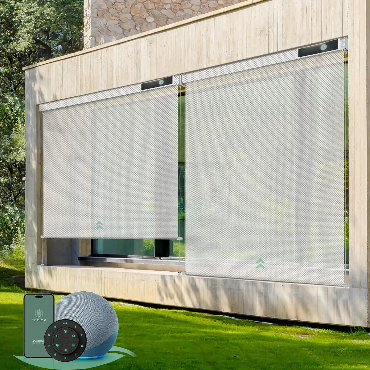 Motorized outdoor roller shades with 3% Openness Paine Gray fabric,  suited for porches, patios, or decks