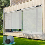 Motorized outdoor roller shades with 3% Openness Paine Gray fabric,  suited for porches, patios, or decks