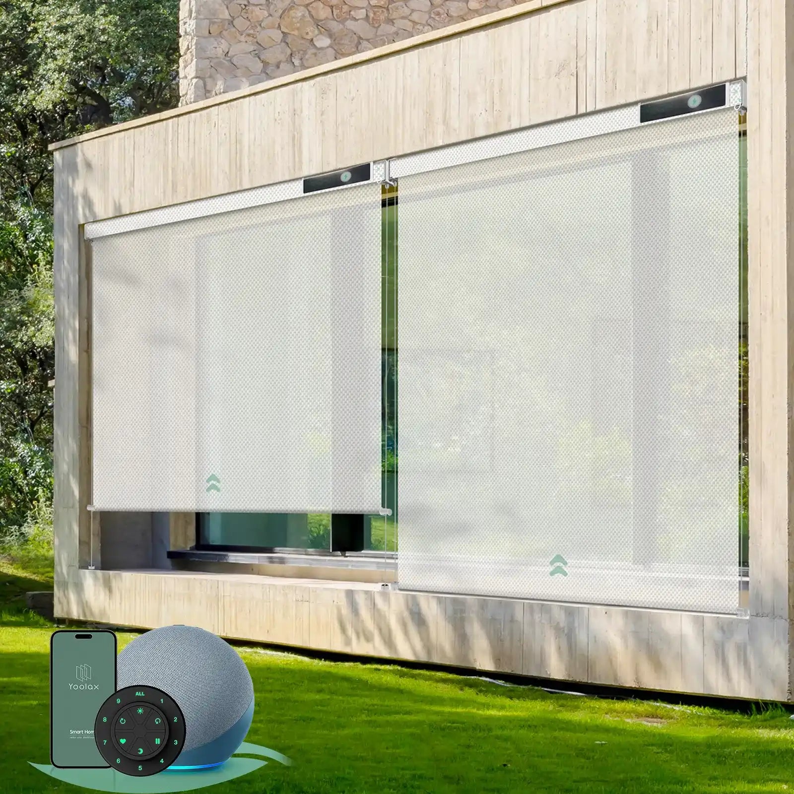 Motorized outdoor roller shades with 3% Openness White fabric,  suited for porches, patios, or decks