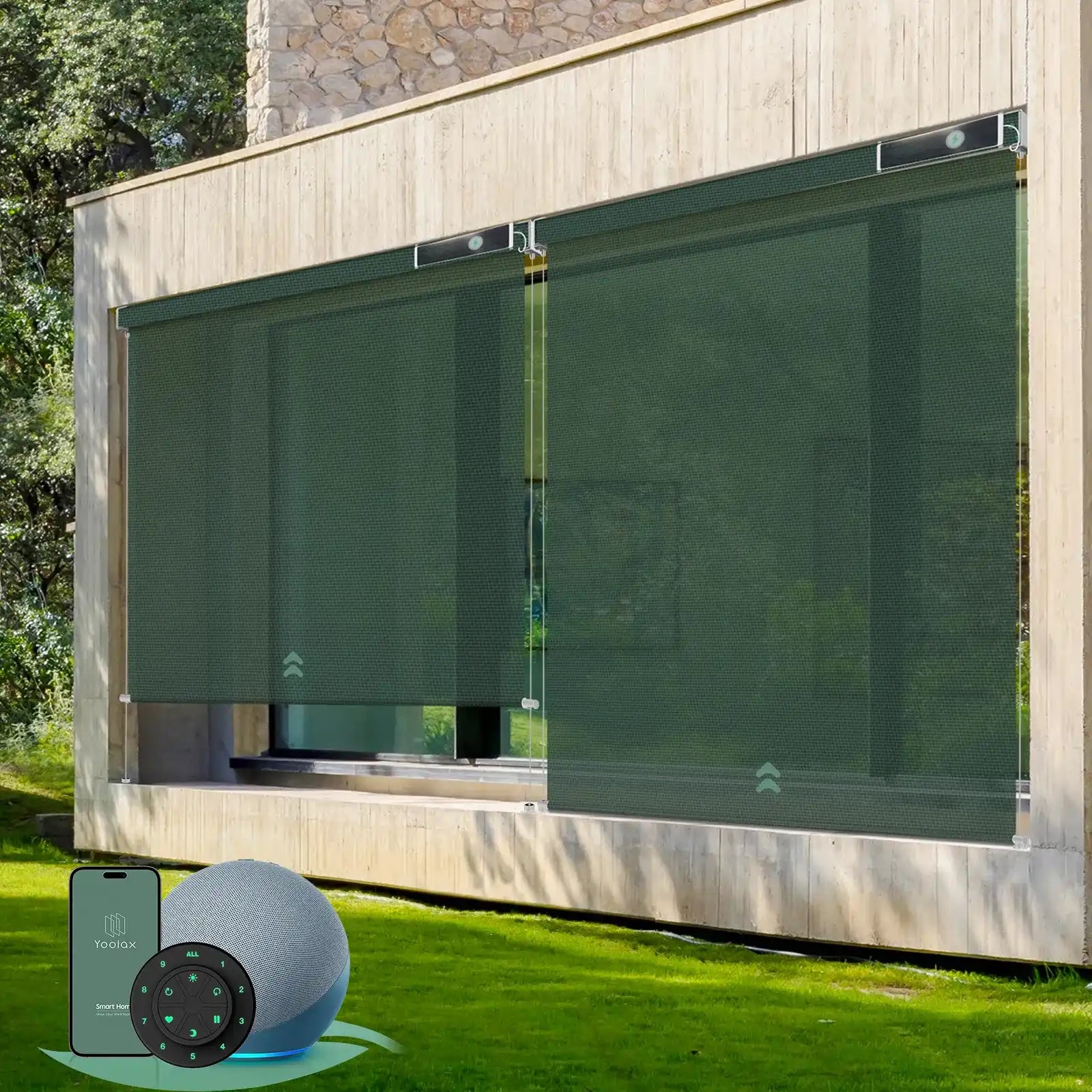 Motorized outdoor roller shades with 5% Openness Jade Green fabric, suited for porches, patios, or decks