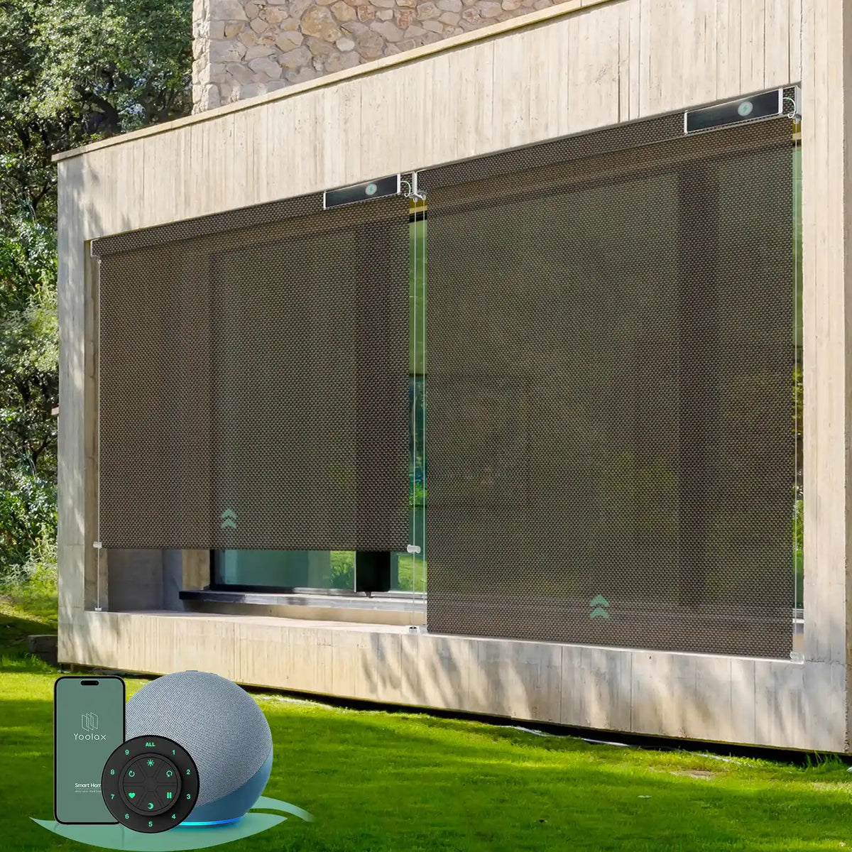 Motorized outdoor roller shades with 3% Openness Alpine Rock fabric, waterproof material suited for porches, patios, or decks.