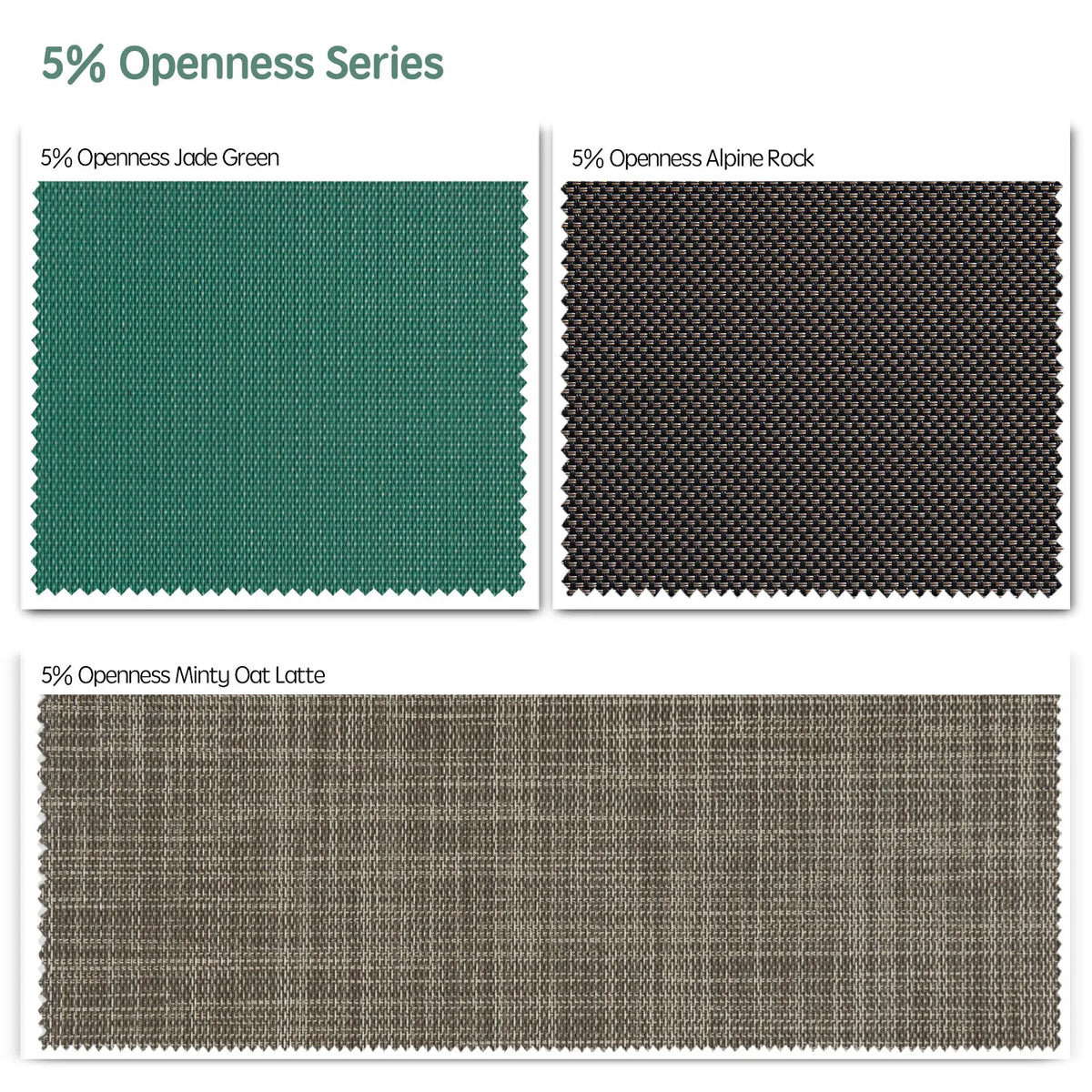 5% openness motorized outdoor roller shades fabric samples — Jade Green, Alpine Rock, Minty Oat Latte.