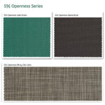 5% openness motorized outdoor roller shades fabric samples — Jade Green, Alpine Rock, Minty Oat Latte.