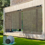 Motorized outdoor roller shades with 5% Openness Oat Latte fabric,  suited for porches, patios, or decks