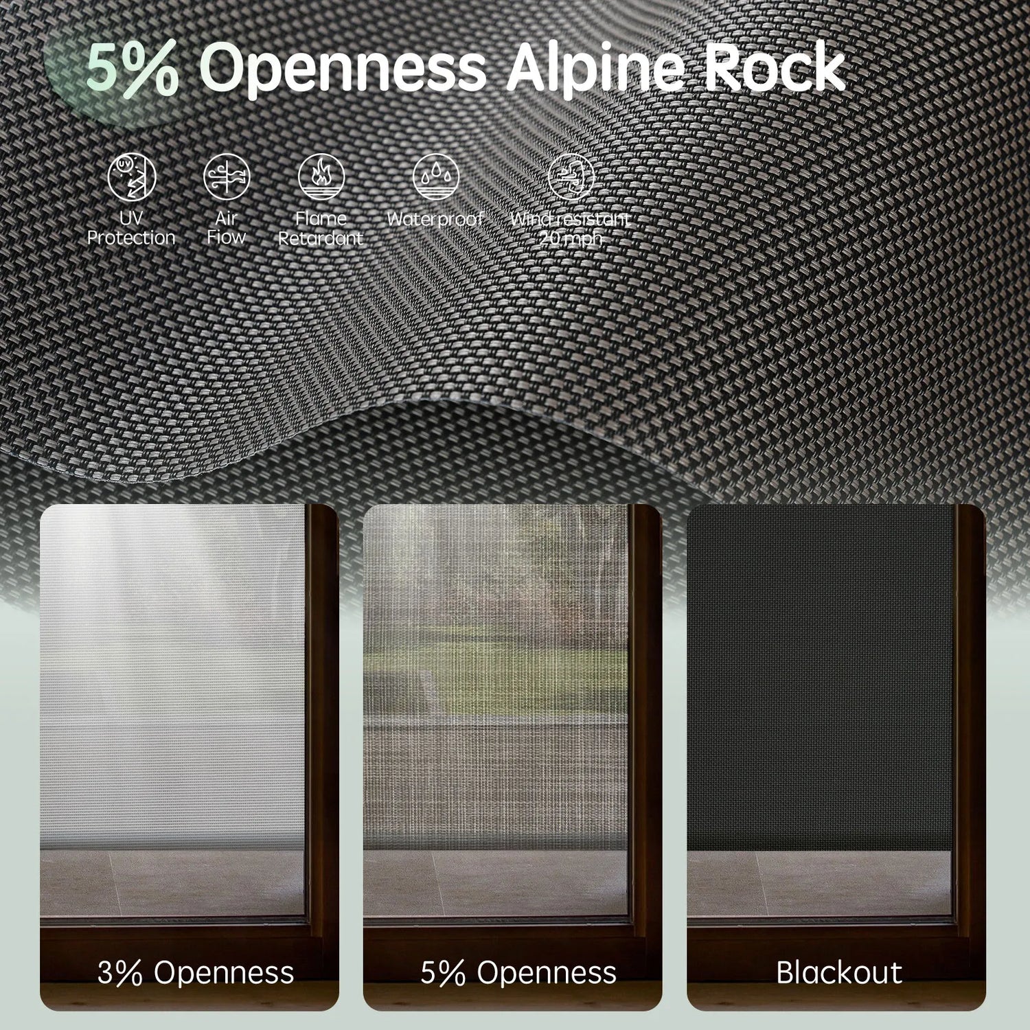 Motorized outdoor roller shades available in 1%, 3%, 5%, 10% openness and blackout fabric options.