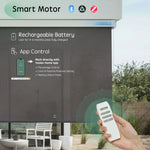 Motorized outdoor roller shades with rechargeable smart motors – Bluetooth, Zigbee, and Matter over Thread, compatible with Alexa, Google Assistant, and Apple HomeKit, support app and voice control.