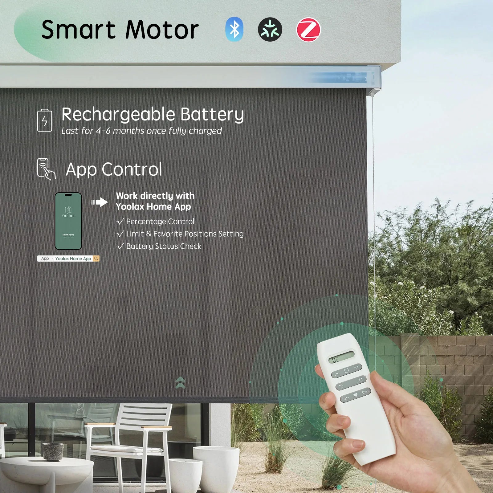 Motorized outdoor roller shades with rechargeable smart motors – Bluetooth, Zigbee, and Matter over Thread, compatible with Alexa, Google Assistant, and Apple HomeKit, support app and voice control.