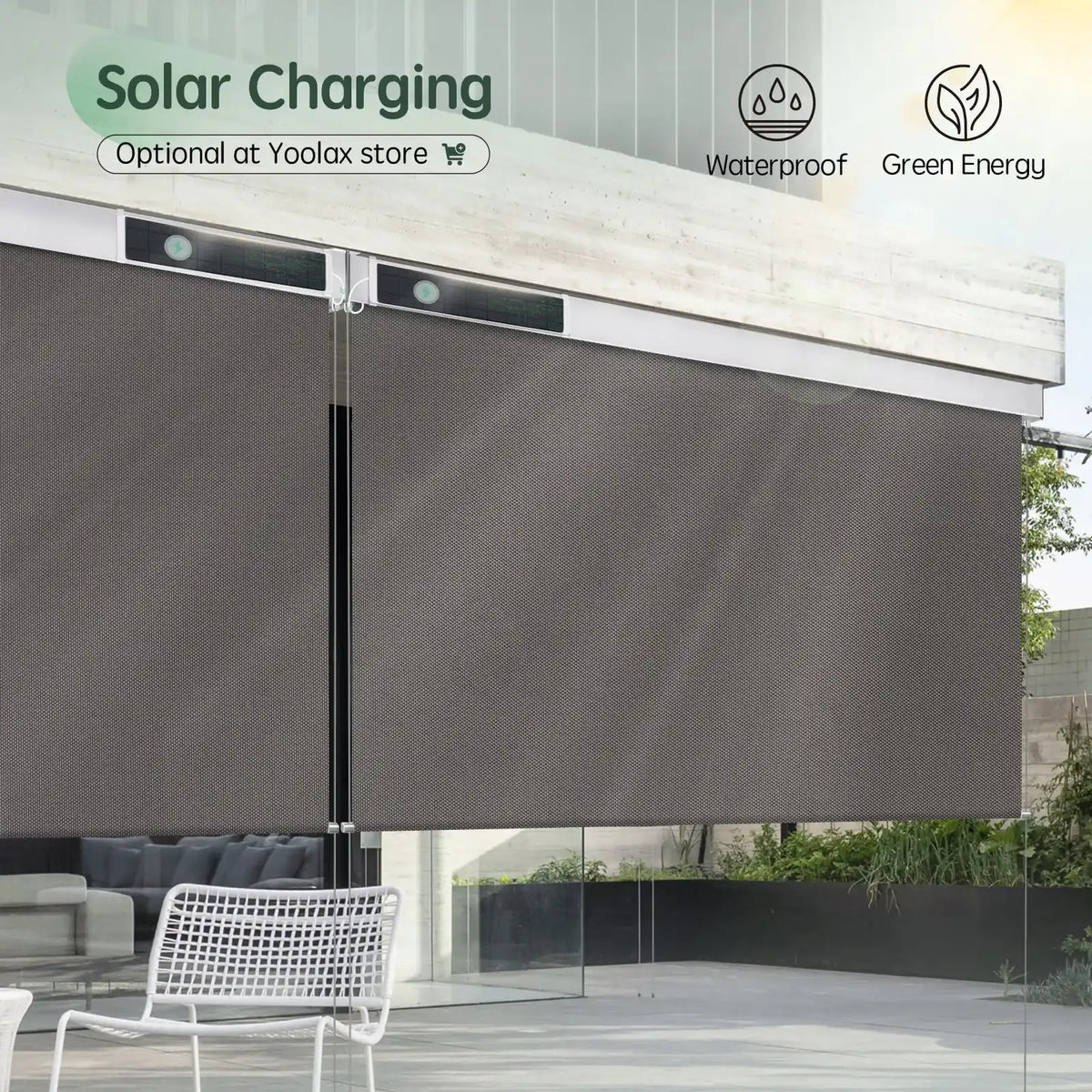 Motorized outdoor roller shades with waterproof design and optional solar charging.