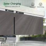 Motorized outdoor roller shades with waterproof design and optional solar charging.