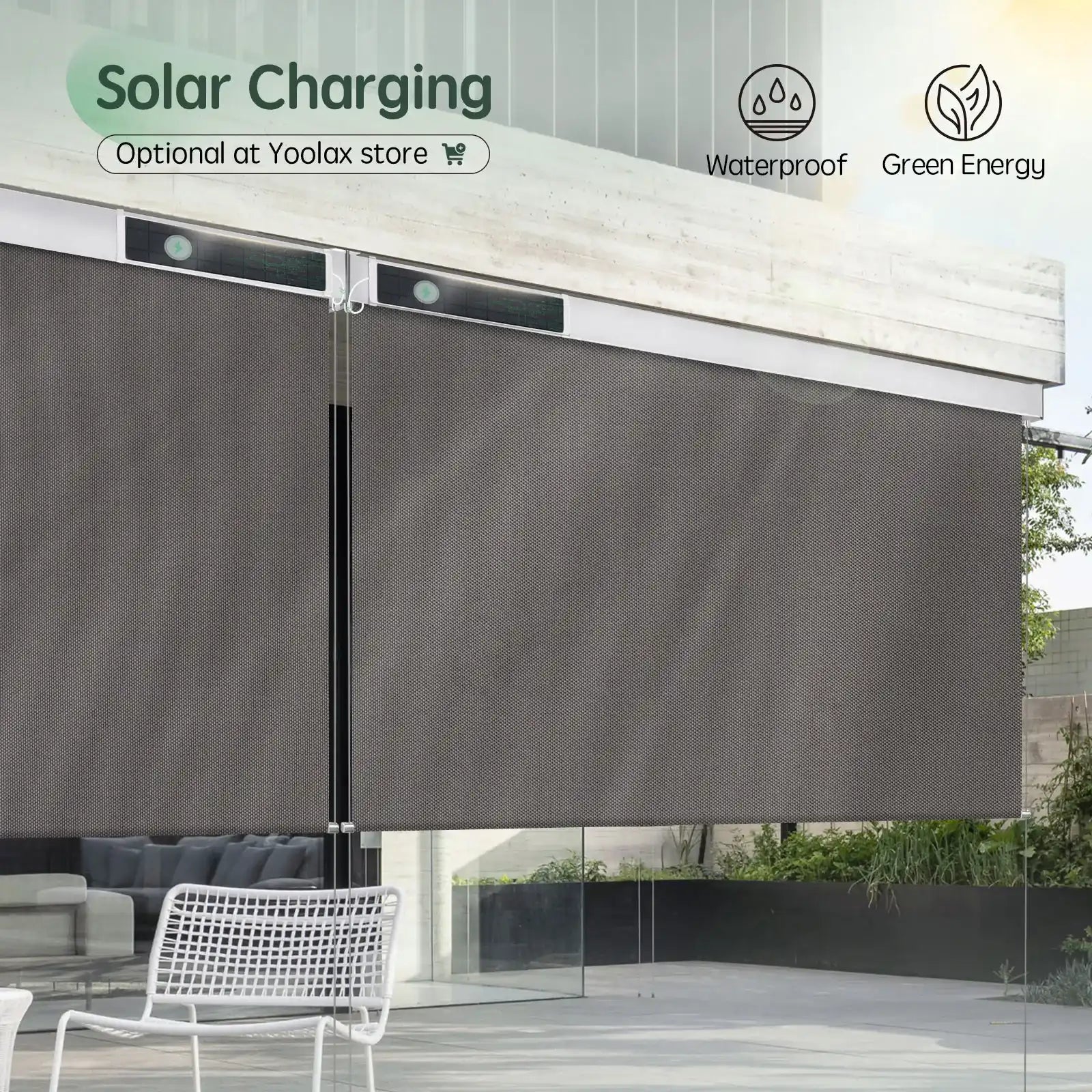 Motorized outdoor roller shades with waterproof design and optional solar charging.