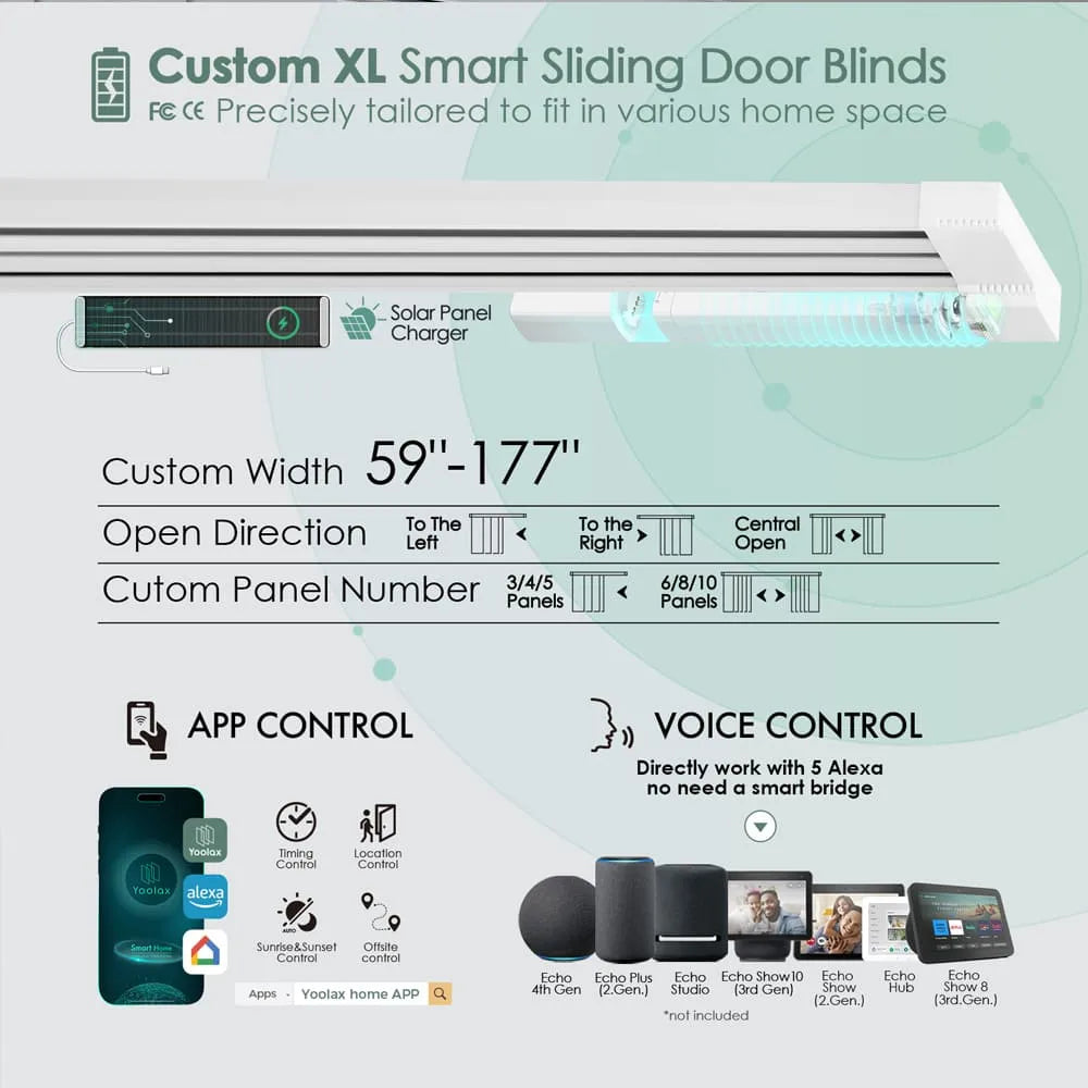 Custom panel track blind features solar charging, custom width options from 59 to 177 inches, and flexible panel configurations.