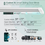 Custom panel track blind features solar charging, custom width options from 59 to 177 inches, and flexible panel configurations.