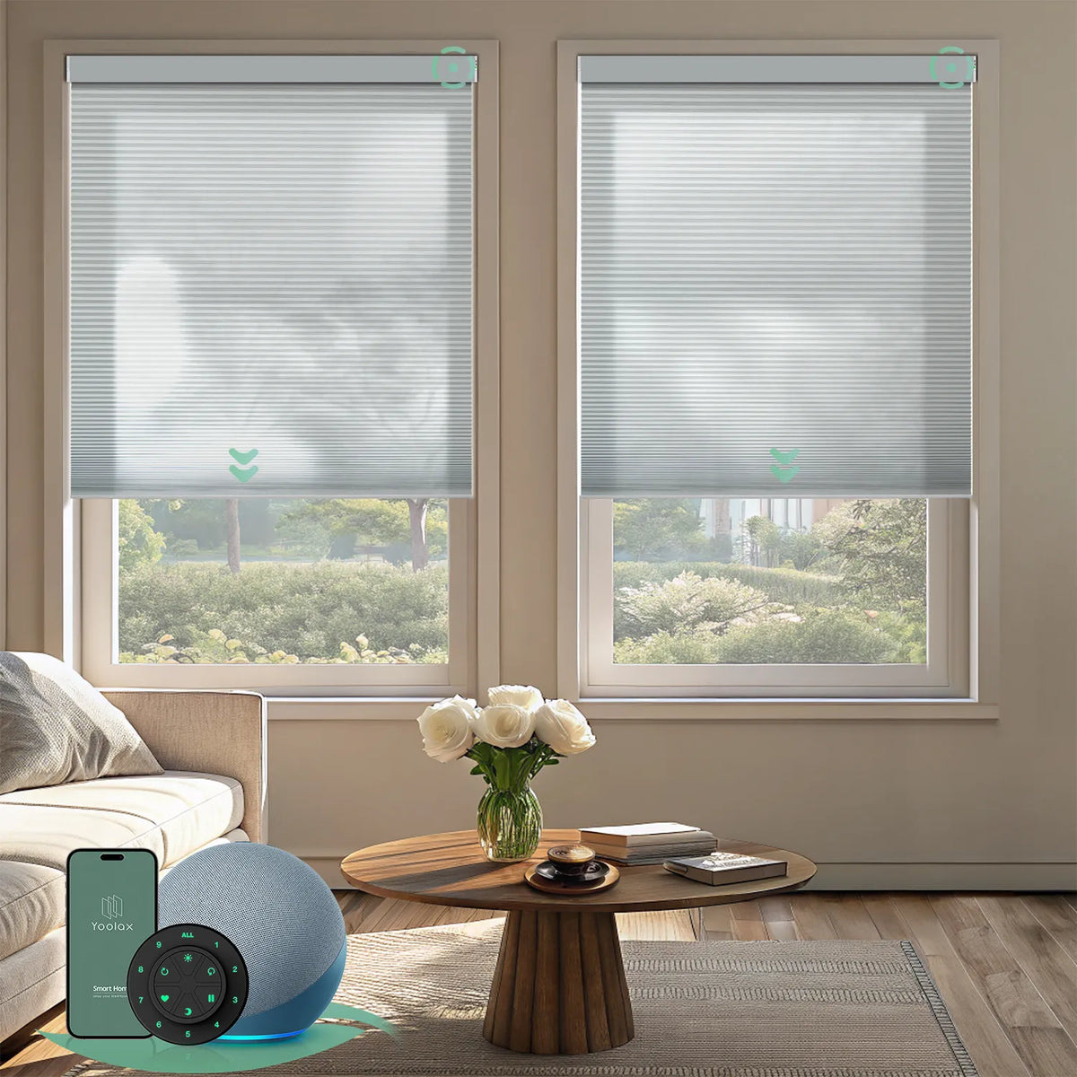 Motorized room darkening honeycomb shades in pearl fabric for living room.