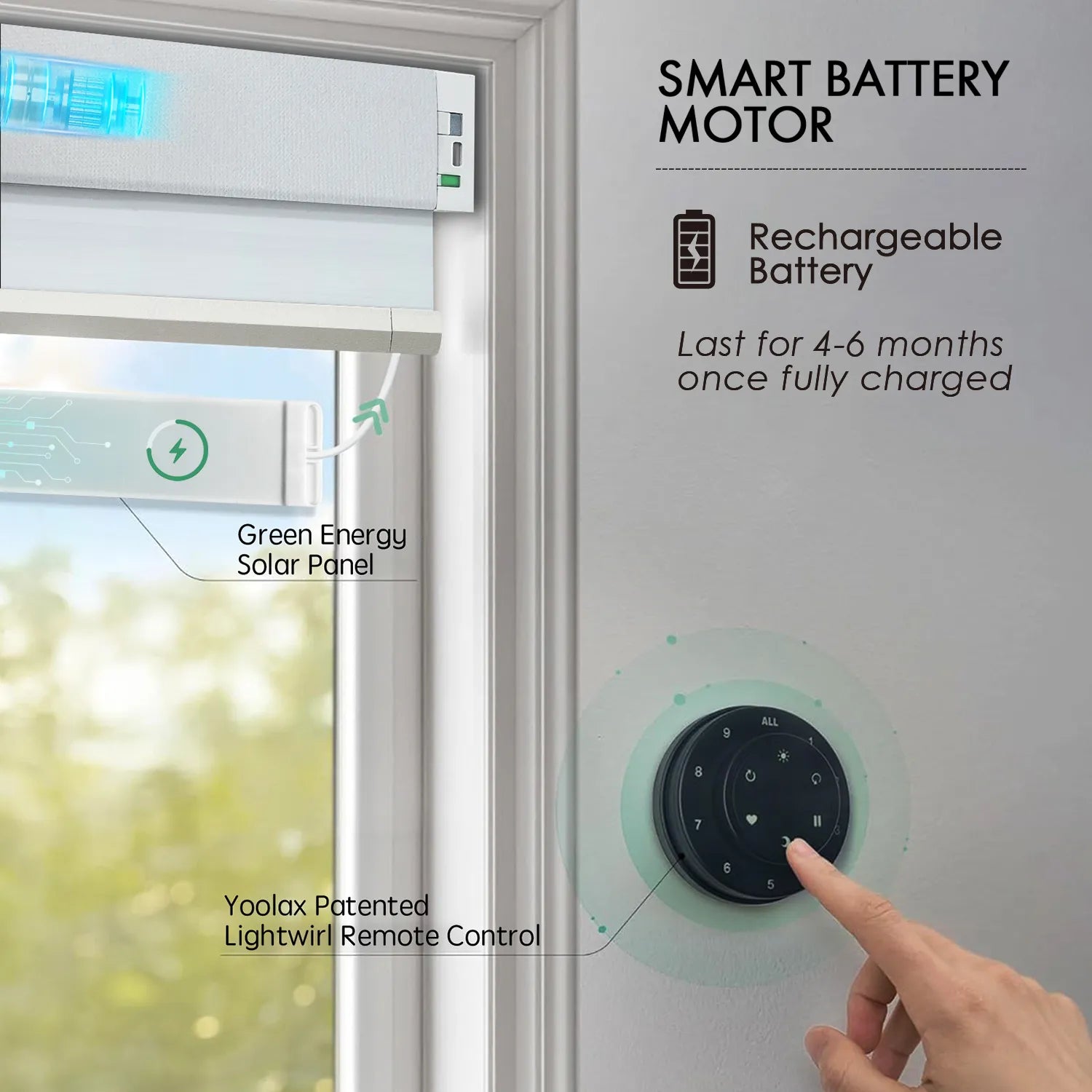 Pearl motorized room darkening honeycomb shades with rechargeable motor and solar charging.