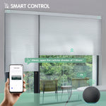 Pearl motorized light-filtering honeycomb shades controllable via mobile app or Alexa.