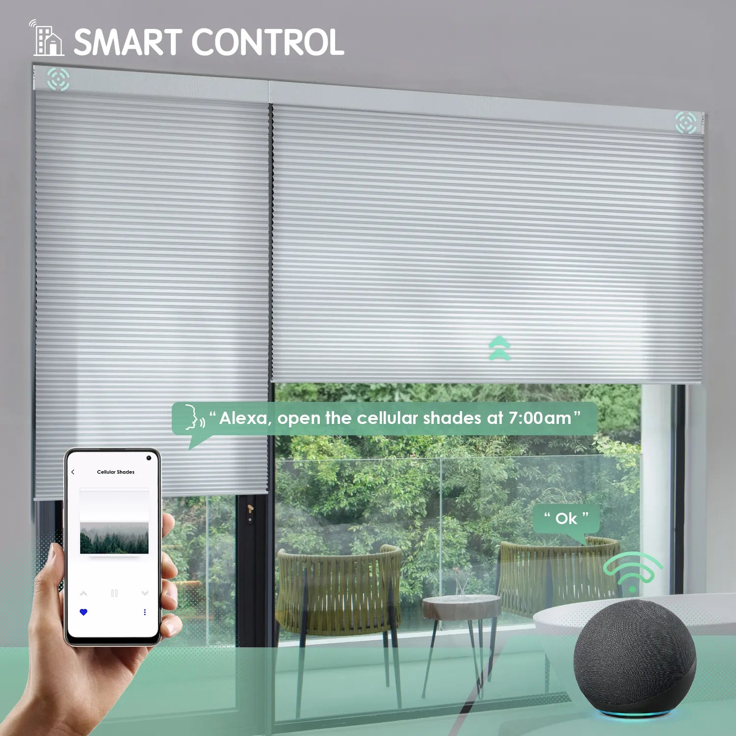 Pearl motorized light-filtering honeycomb shades controllable via mobile app or Alexa.