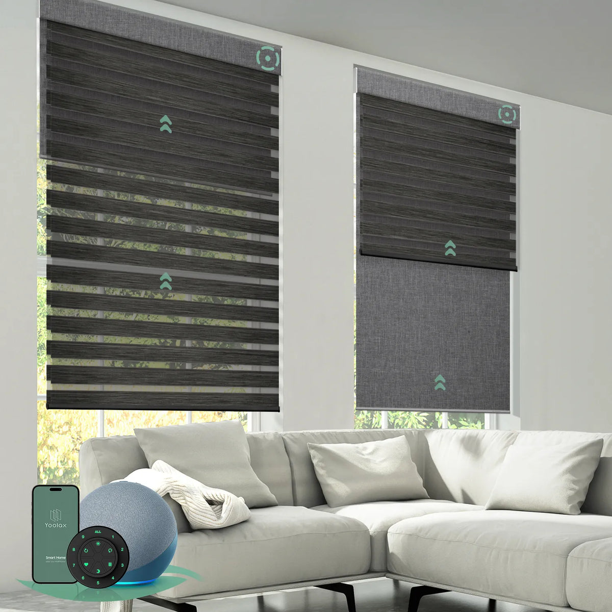 Motorized dual roller shades combining room darkening zebra black fabric and blackout dark grey fabric with smart control.