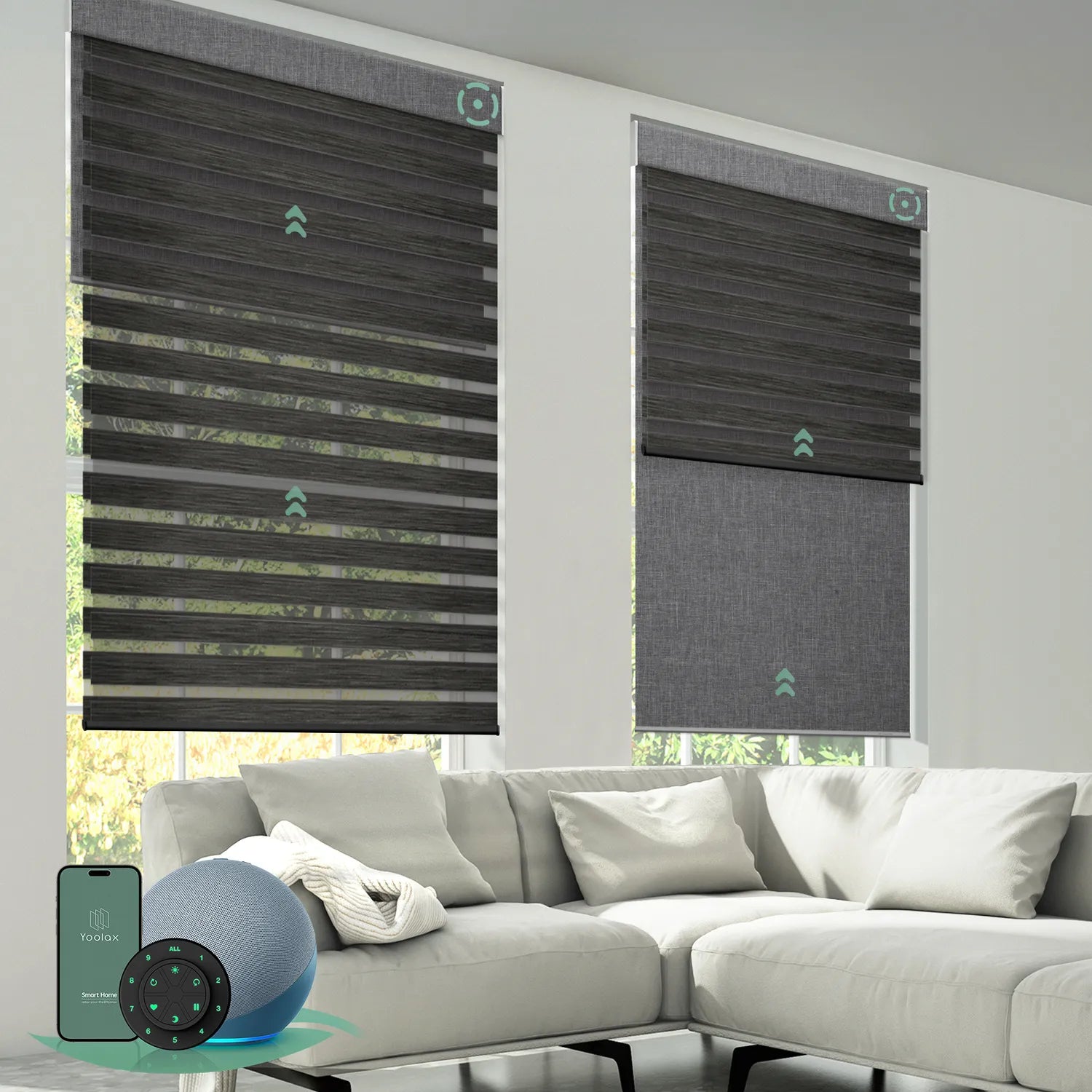 Motorized dual roller shades combining room darkening zebra black fabric and blackout dark grey fabric with smart control.