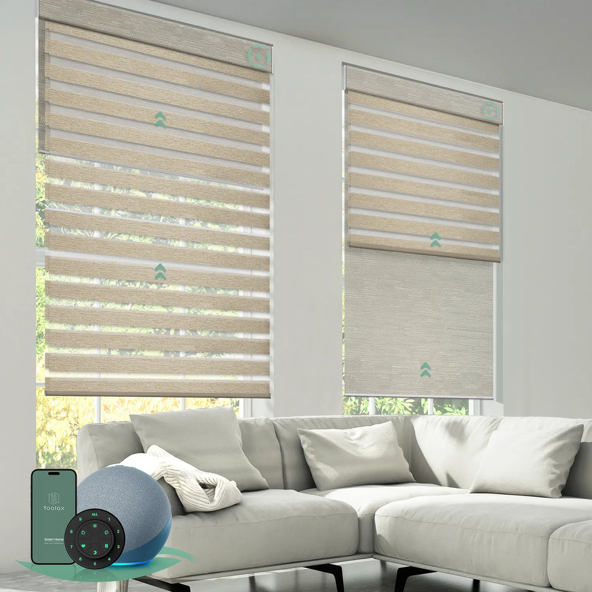 Motorized dual roller shades combining room darkening zebra coffee fabric and blackout jacquard coffee fabric with smart control.